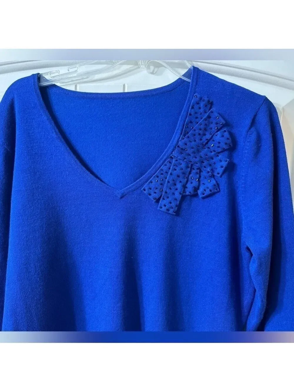 Blue Scooped V neck 3/4 Sleeve Sweater Beaded appliqué type design front left